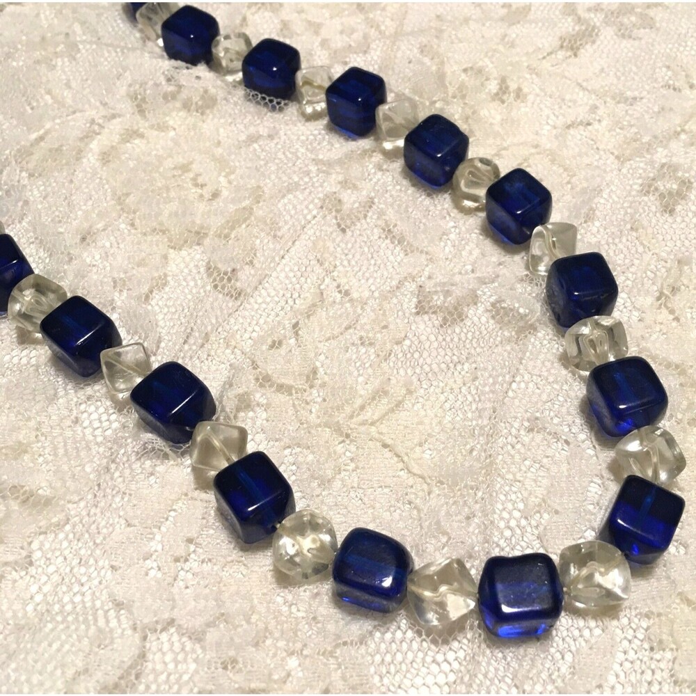Vintage Art Deco Necklace Cobalt Blue Clear Glass Square Beads High Collar